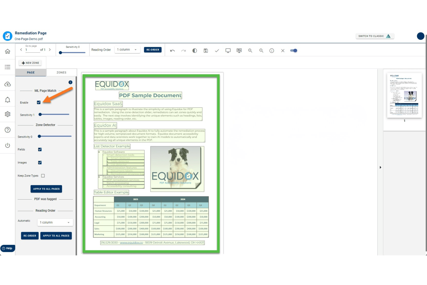 Equidox-Bearbeitungsoberfläche mit Einstellungen für den ML-Seitenabgleich und einem getaggten PDF-Dokument.