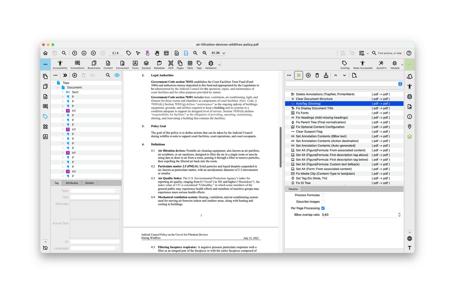 PDFix Desktop Pro mit PDF-Tag-Baum, Dokumentansicht und Aktionsbereich für automatisches Tagging.