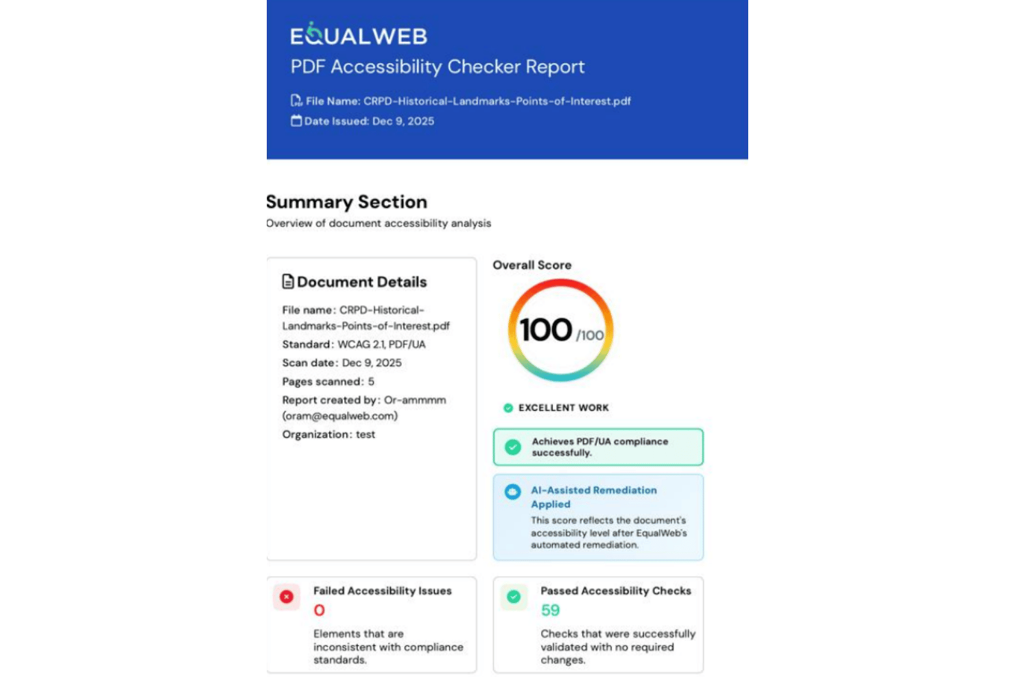 EqualWeb-Bericht des PDF-Barrierefreiheitsprüfers mit einer perfekten Bewertung von 100 von 100.