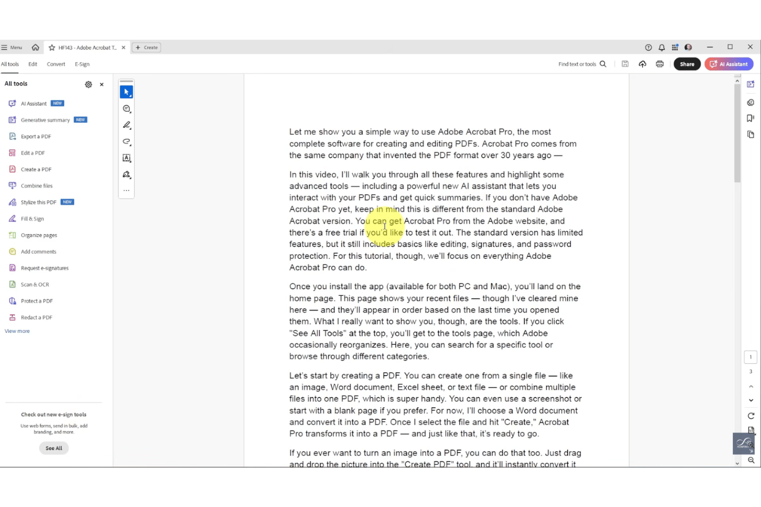 Adobe Acrobat Pro-Oberfläche mit dem Bedienfeld für PDF-Werkzeuge und Dokumenttext.