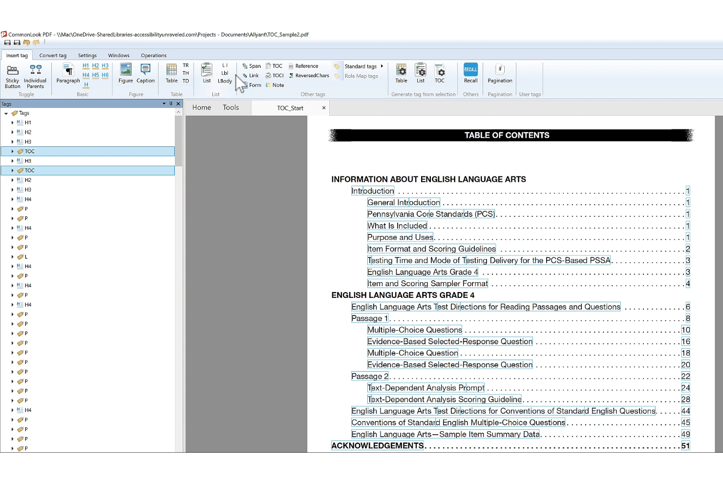 CommonLook-PDF-Editor mit angezeigtem Inhaltsverzeichnis und geöffnetem Strukturbereich.
