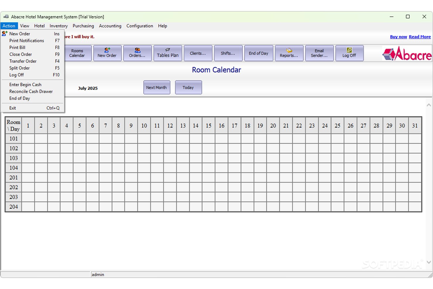 Calendario delle camere di Abacre Hotel Management System con le camere 101–204 per luglio 2025.