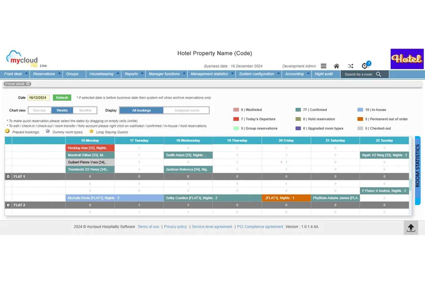 Diagram för mycloud PMS-receptionen som visar rumsbokningar i en veckokalendervy.