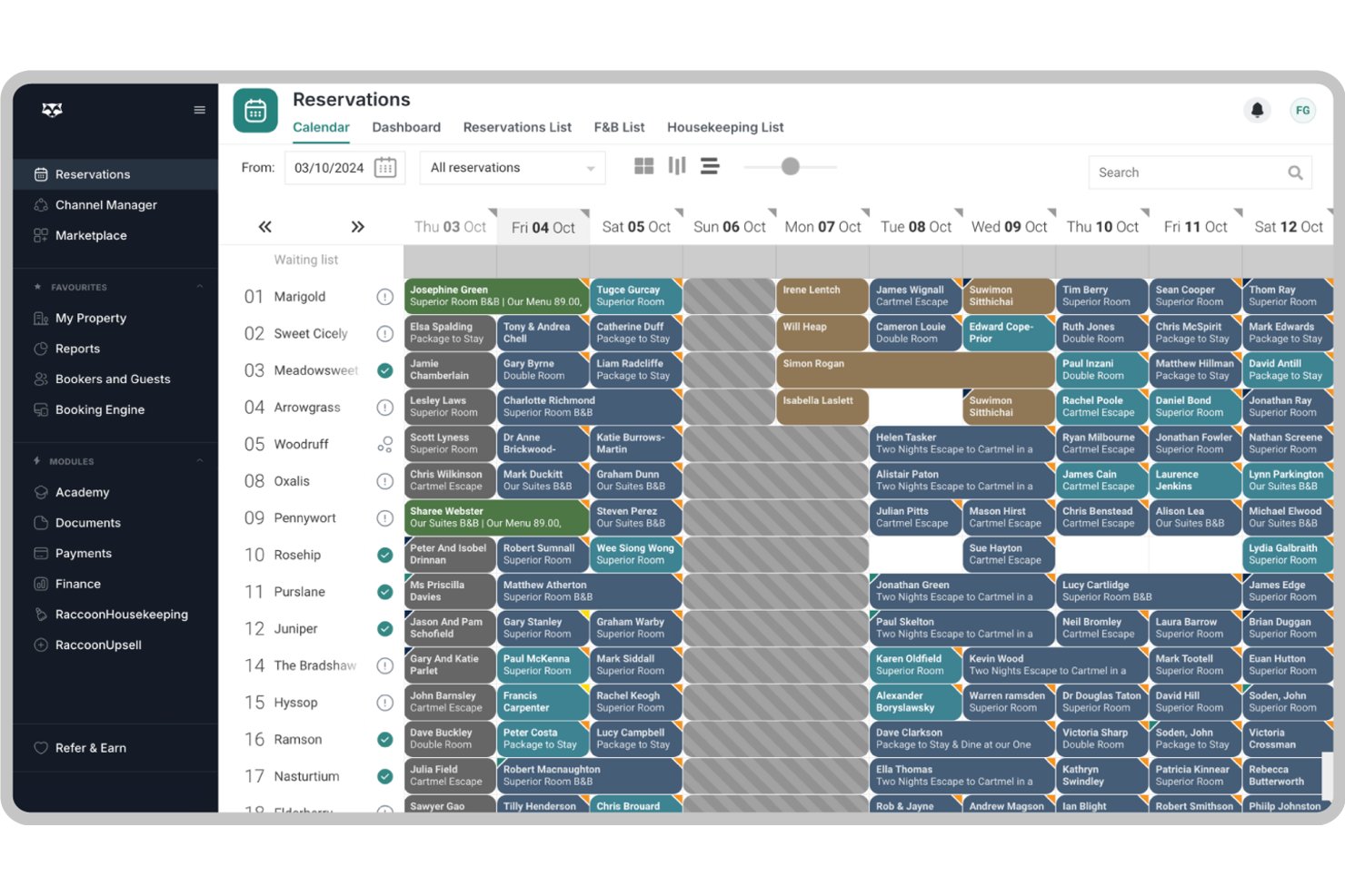 RoomRaccoon reservations calendar showing room bookings across multiple dates and rooms.