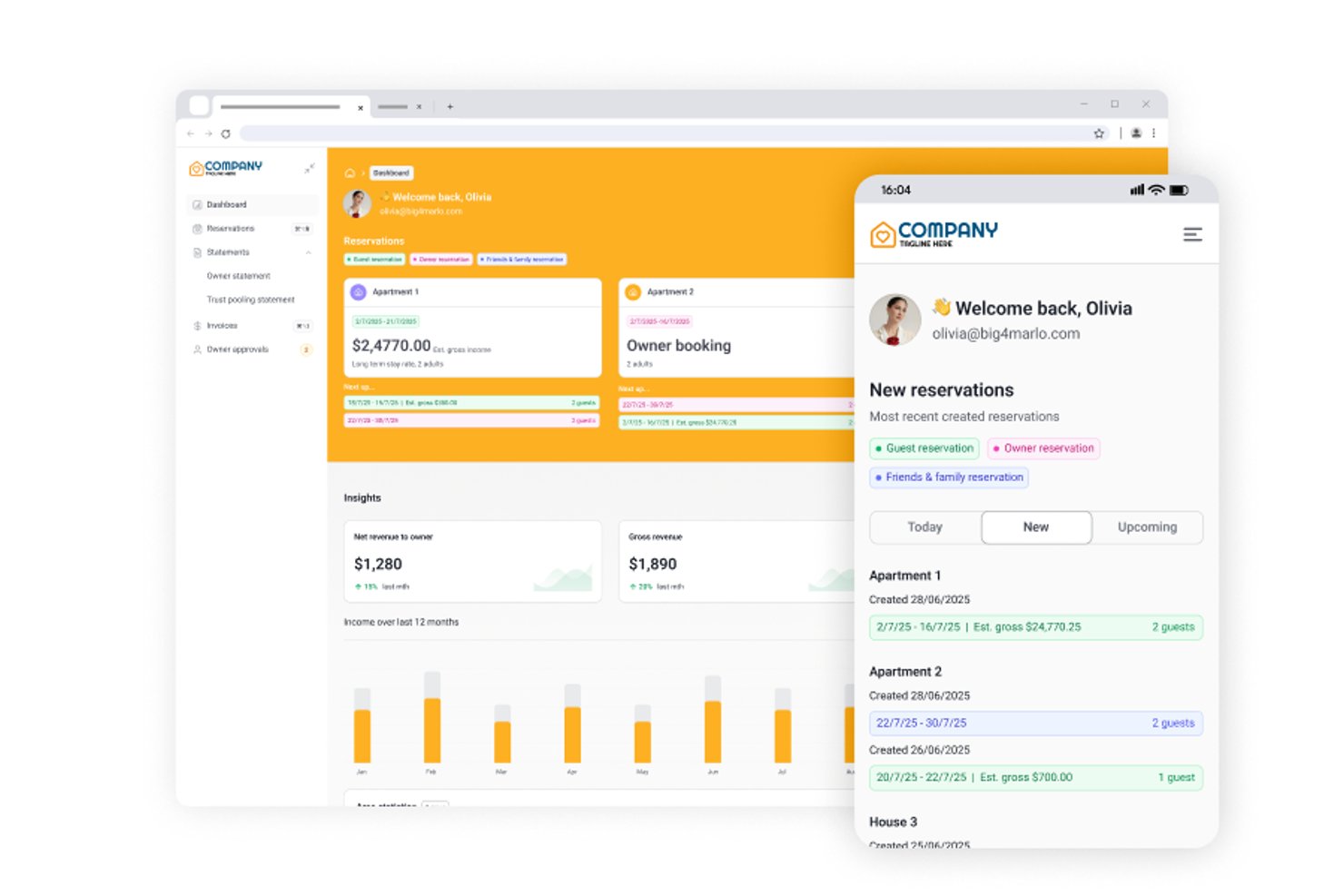 RMS Cloud owner portal dashboard showing reservations and revenue insights on desktop and mobile.