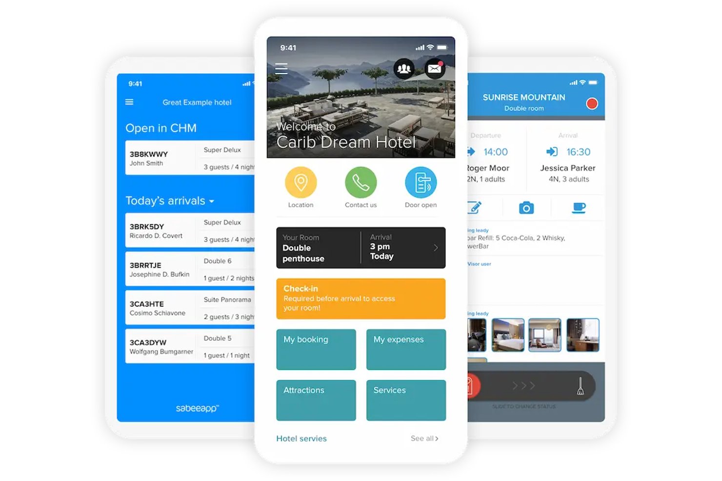 SabeeApp mobile screens showing hotel arrivals, guest check-in, and room status.