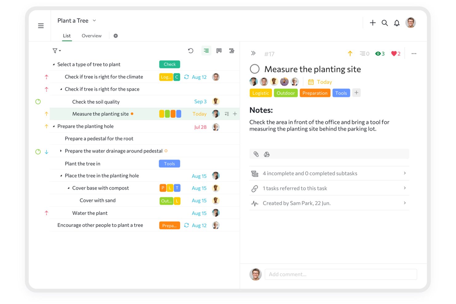 Quire project management app showing task list and detail panel with notes and subtasks.