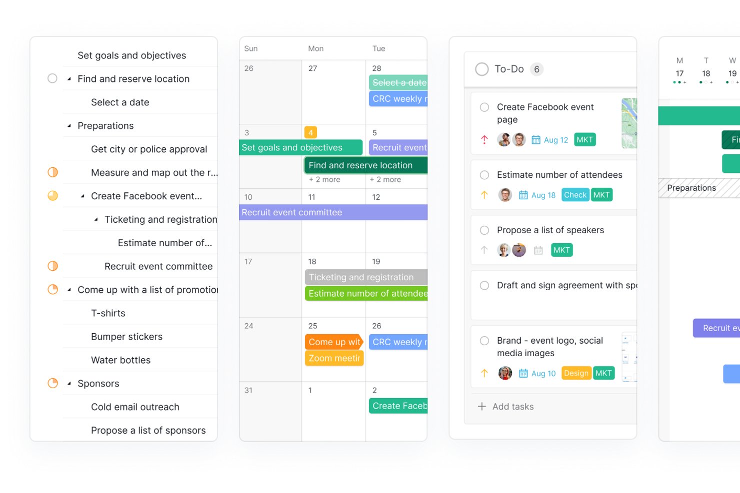 Quire project management showing list, calendar, to-do, and timeline views side by side.