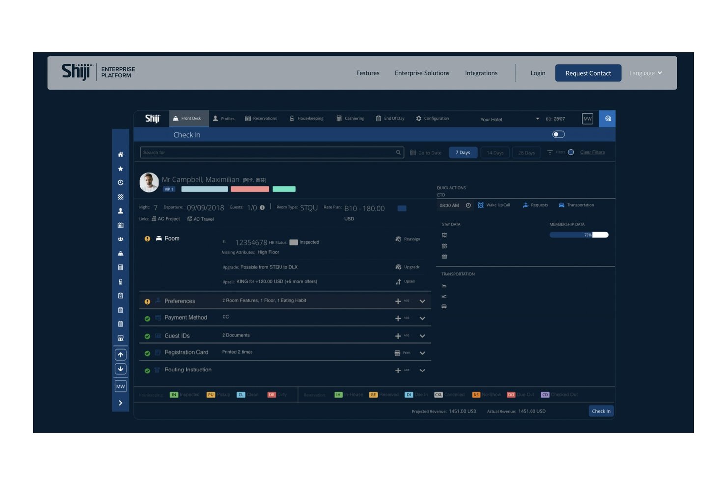 Écran d'enregistrement du système de gestion hôtelière Shiji affichant le profil du client, la chambre et les informations de paiement.