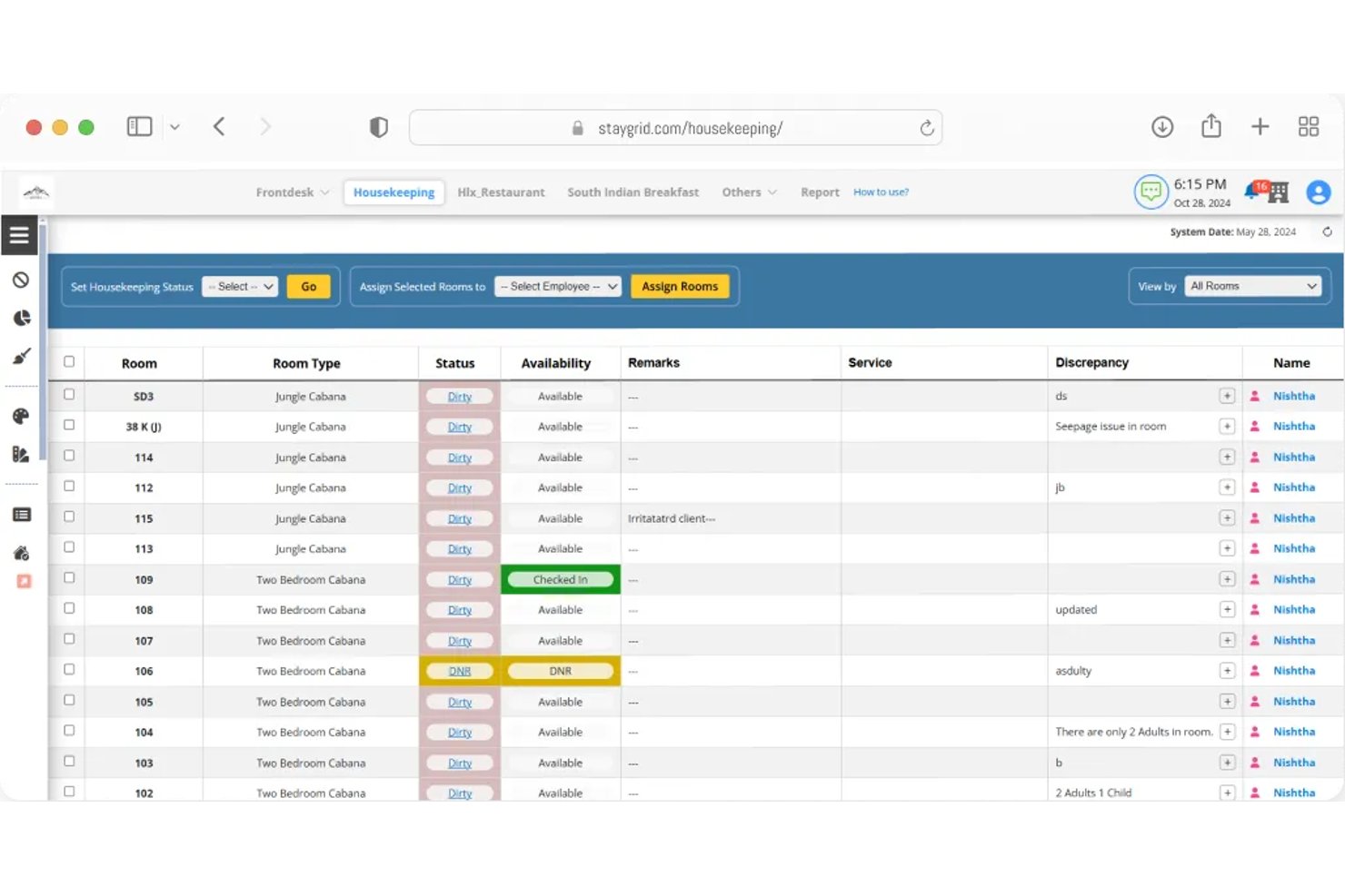 Tableau de bord de l'entretien de Hotelogix affichant l'état des chambres, les disponibilités et les affectations du personnel.