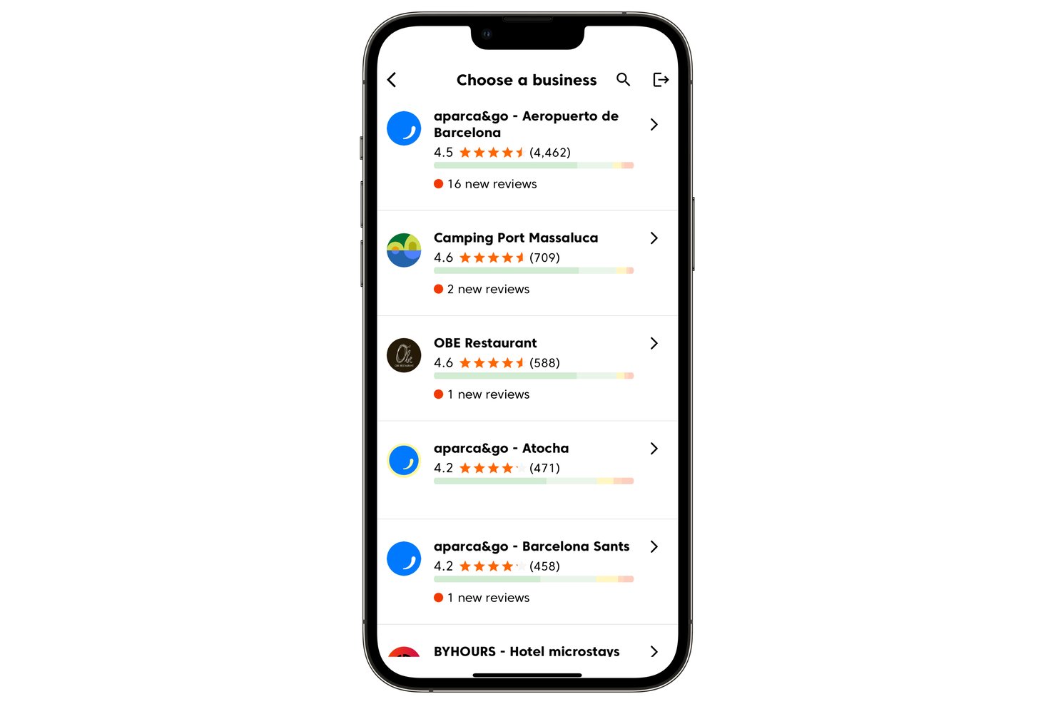 Mobile app screen listing businesses with star ratings and new review alerts.