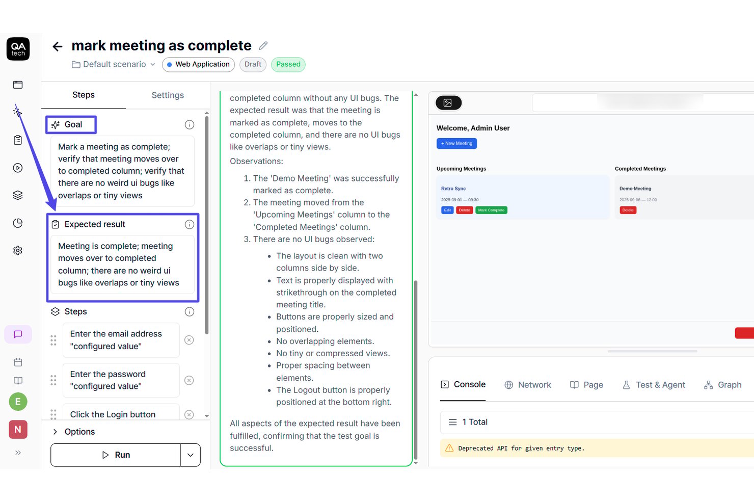 QA.tech test case showing goal, expected result, steps, and passed status.