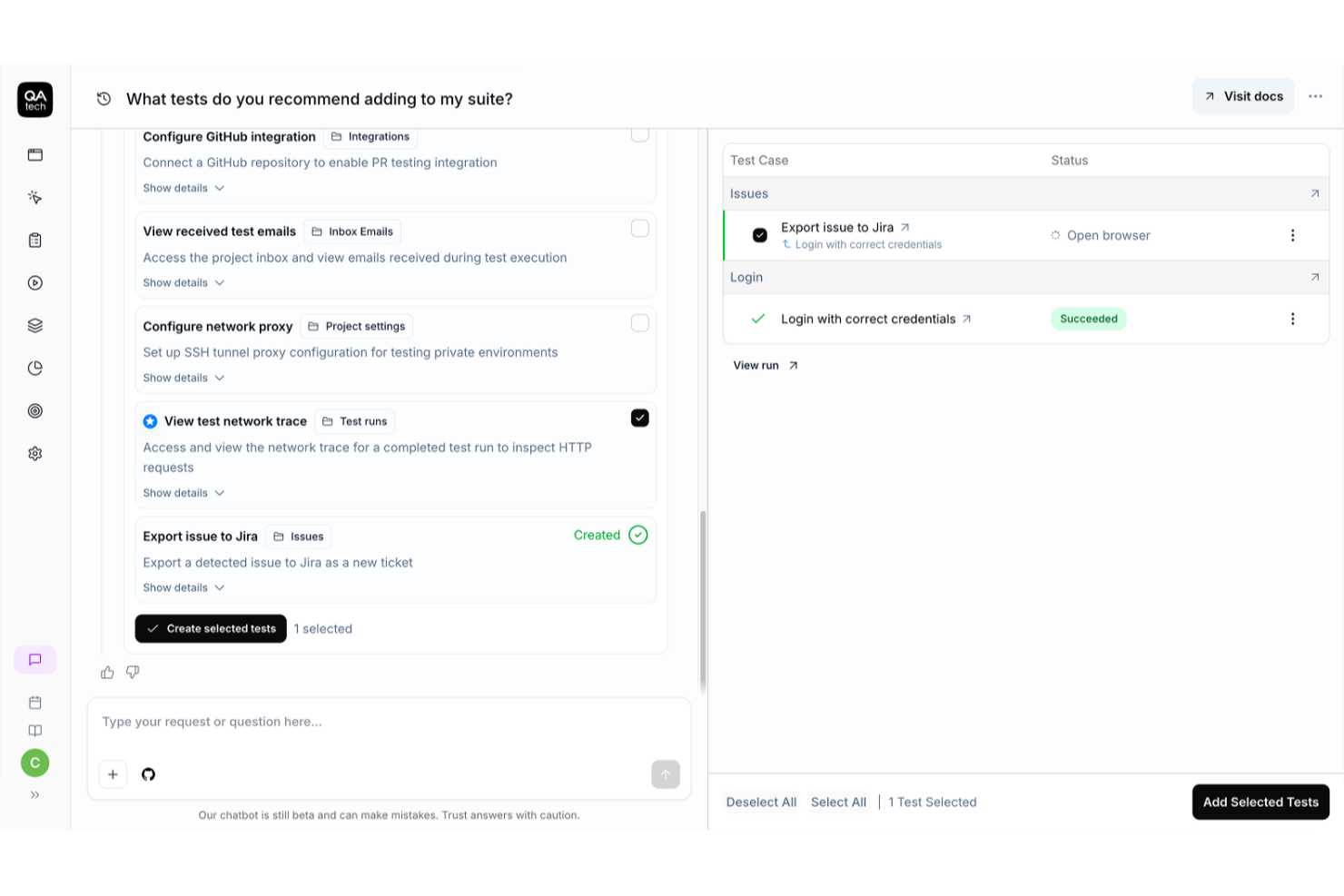 Interface de chat IA de QA.tech recommandant des cas de test, avec un panneau d’état affichant les résultats.