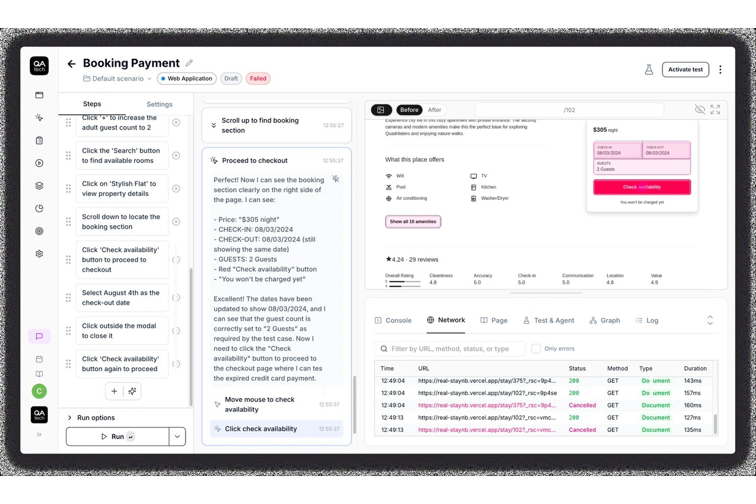 Exécution de test automatisé QA.tech montrant les étapes de paiement d'une réservation, les journaux de l'agent IA et le panneau d'activité réseau.