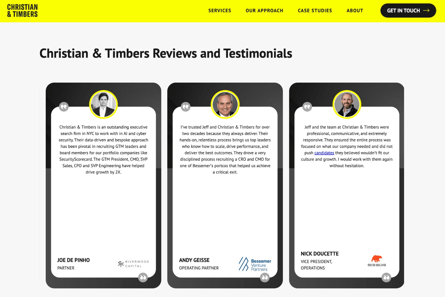 Christian &amp; Timbers reviews page with three client testimonial cards and headshots.