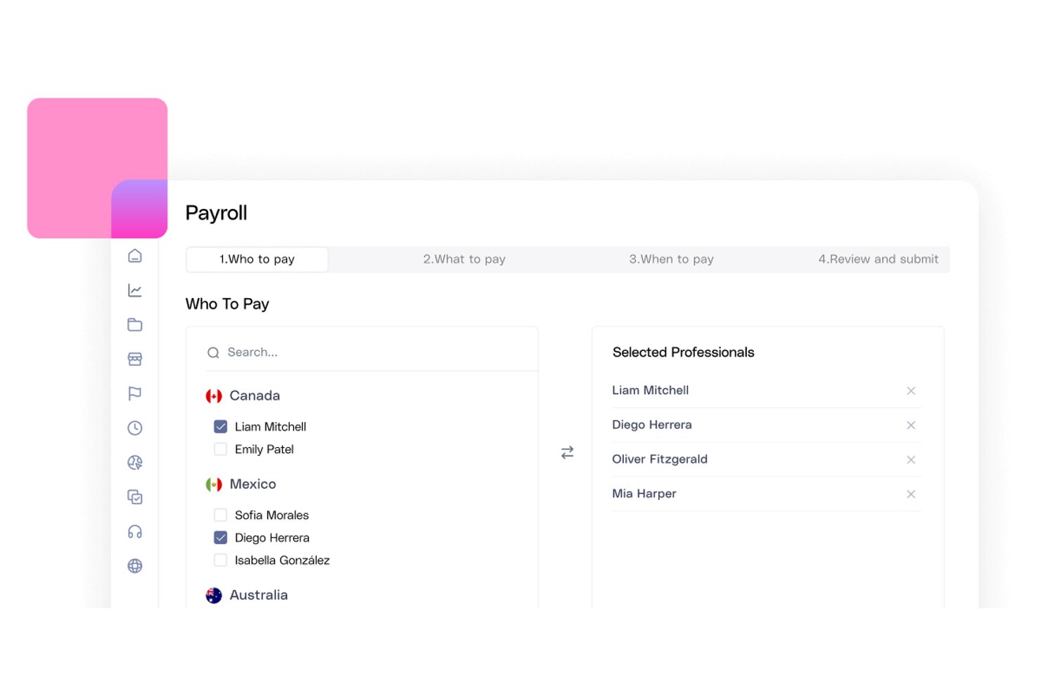 G-P payroll UI showing employee selection by country with a selected professionals panel.