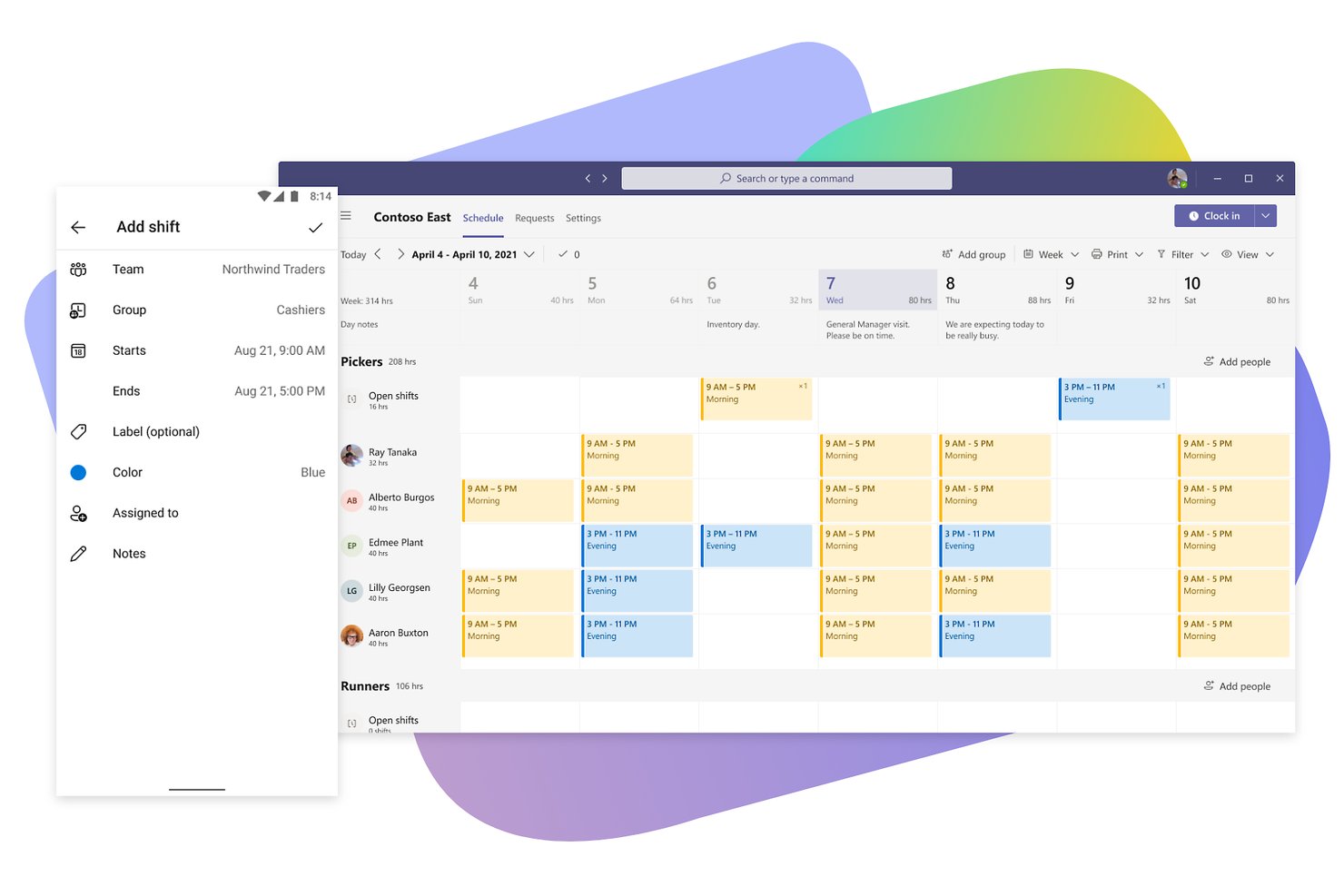 Microsoft Teams Shifts scheduling interface showing weekly shift calendar and add shift form.