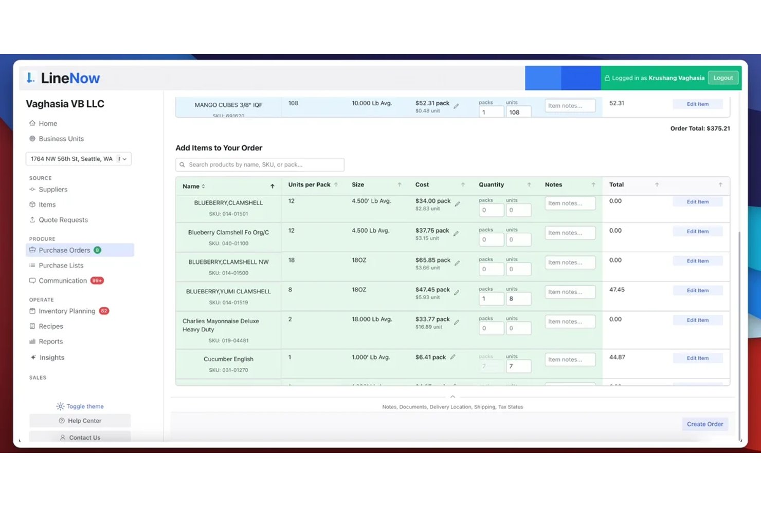 LineNow purchase order interface showing product list with quantities, costs, and totals.