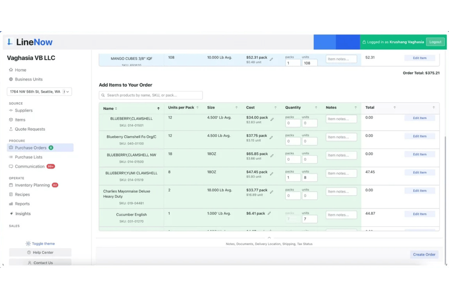 LineNow purchase order interface showing product list with quantities, costs, and totals.
