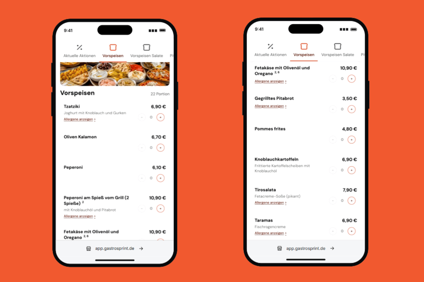 Zwei Smartphones zeigen das Menü einer deutschen Restaurant-App mit Vorspeisen und Preisen.