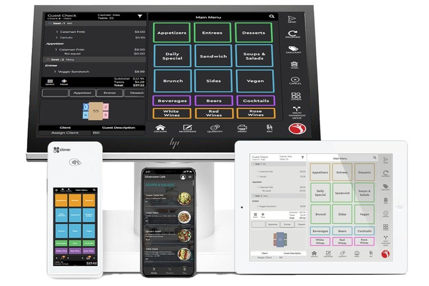 Silverware-POS-Oberfläche auf Monitor, Tablet und Mobilgerät mit Menükategorien.