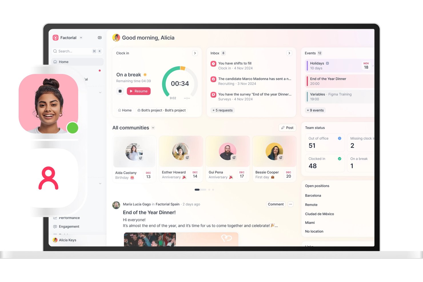 Factorial HR dashboard showing clock-in status, inbox, team status, and community posts.