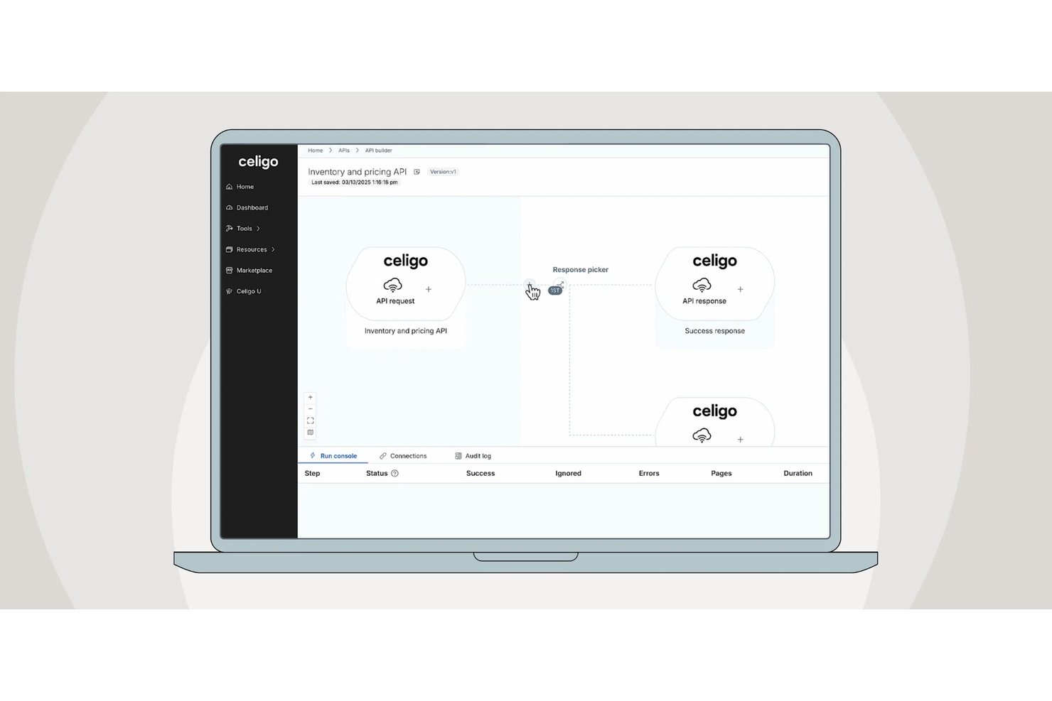 Interface du générateur d’API de Celigo affichant des nœuds de requête et de réponse API avec un sélecteur de réponse.