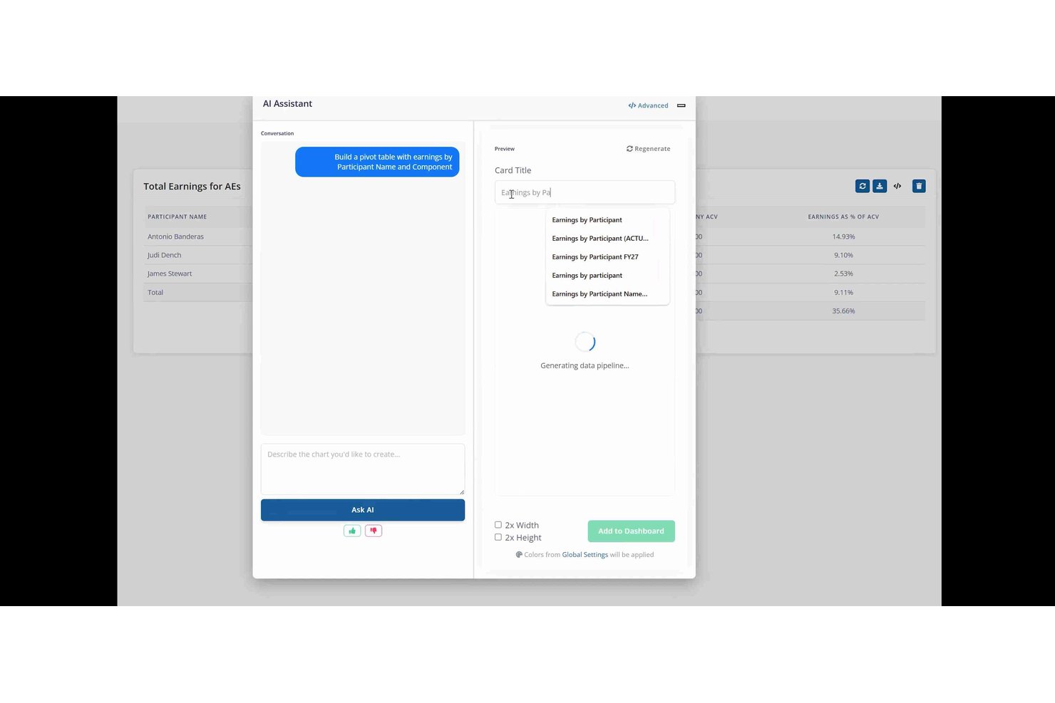 Der KI-Assistent von EasyComp erstellt eine Pivot-Tabelle mit den Verdiensten nach Teilnehmernamen.