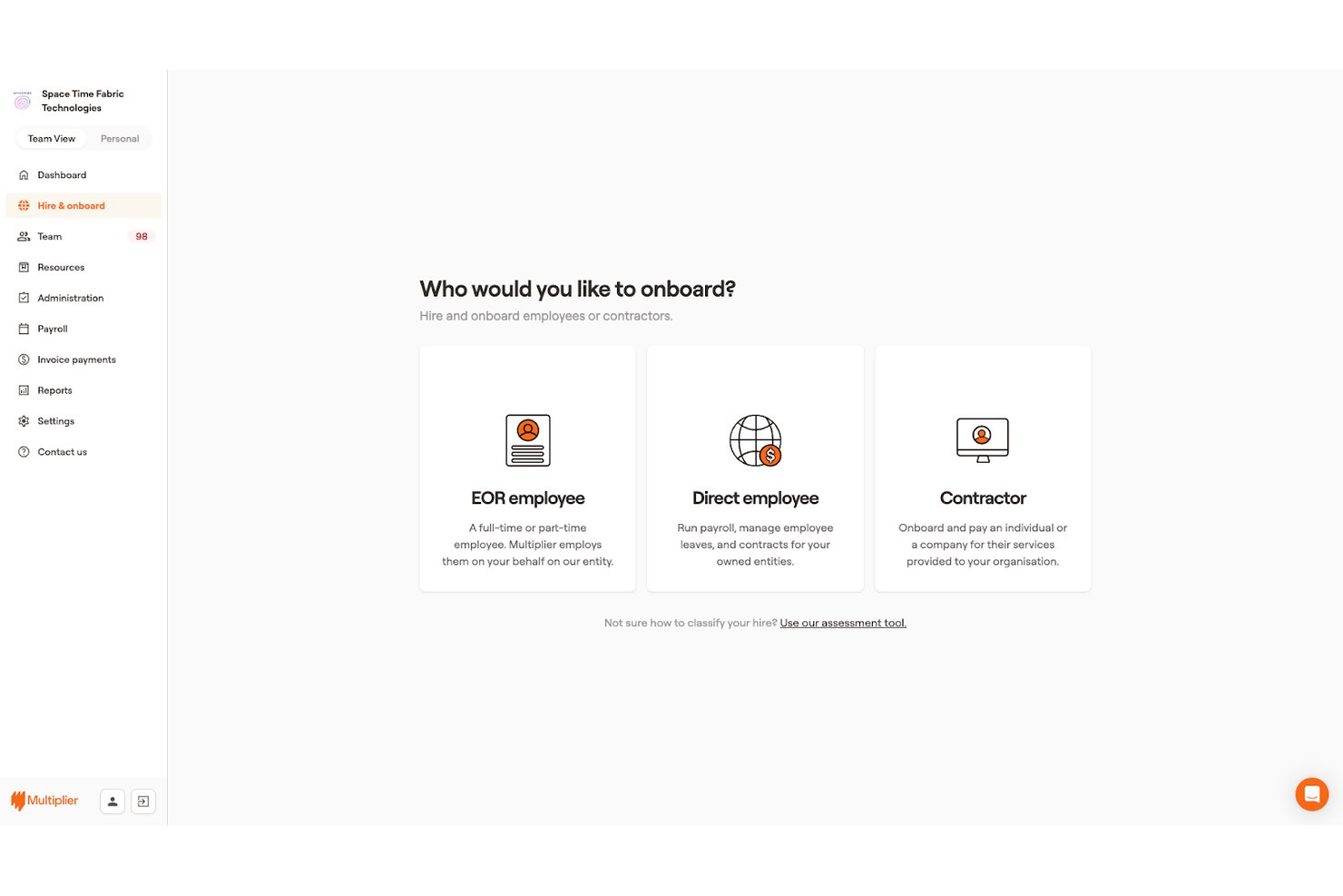 Multiplier onboarding screen with three options: EOR employee, Direct employee, Contractor.