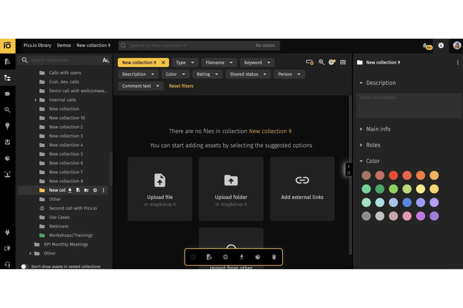 Pics.io dark UI showing empty collection with upload options and color tags.
