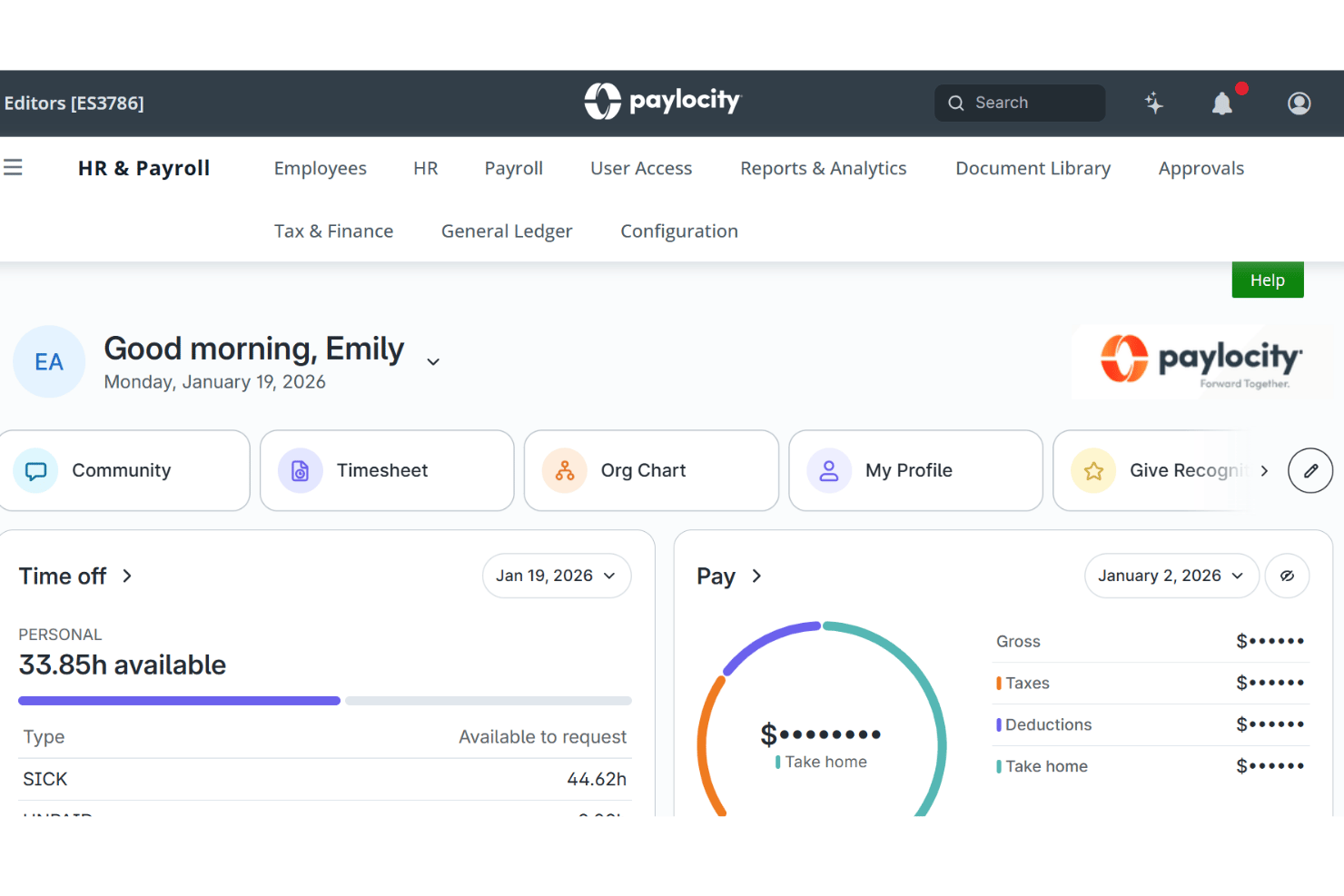 Paylocity employee dashboard showing time off balances and pay summary chart.