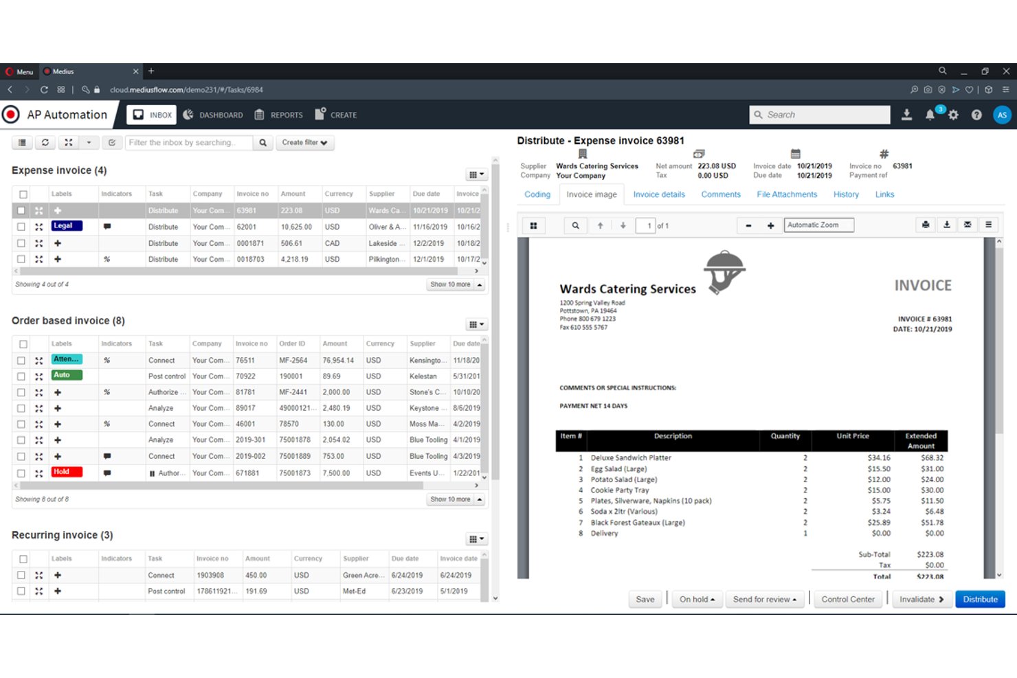 Medius AP Automation dashboard showing invoice list and expense invoice detail panel.