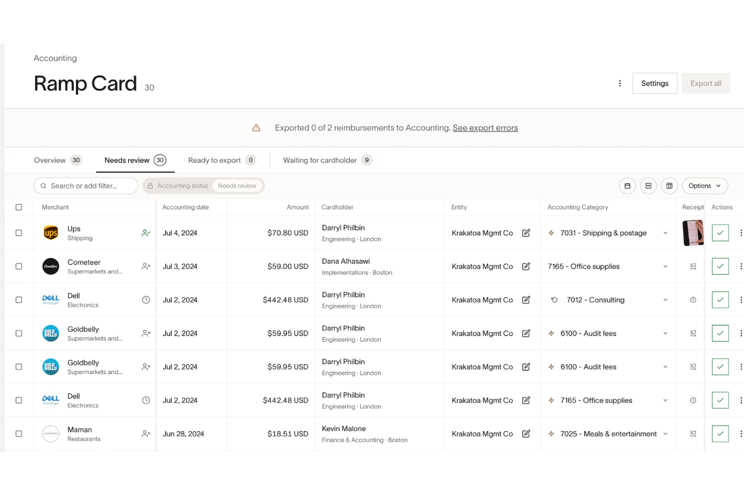 Ramp Card accounting dashboard showing transactions needing review with categories and cardholders.