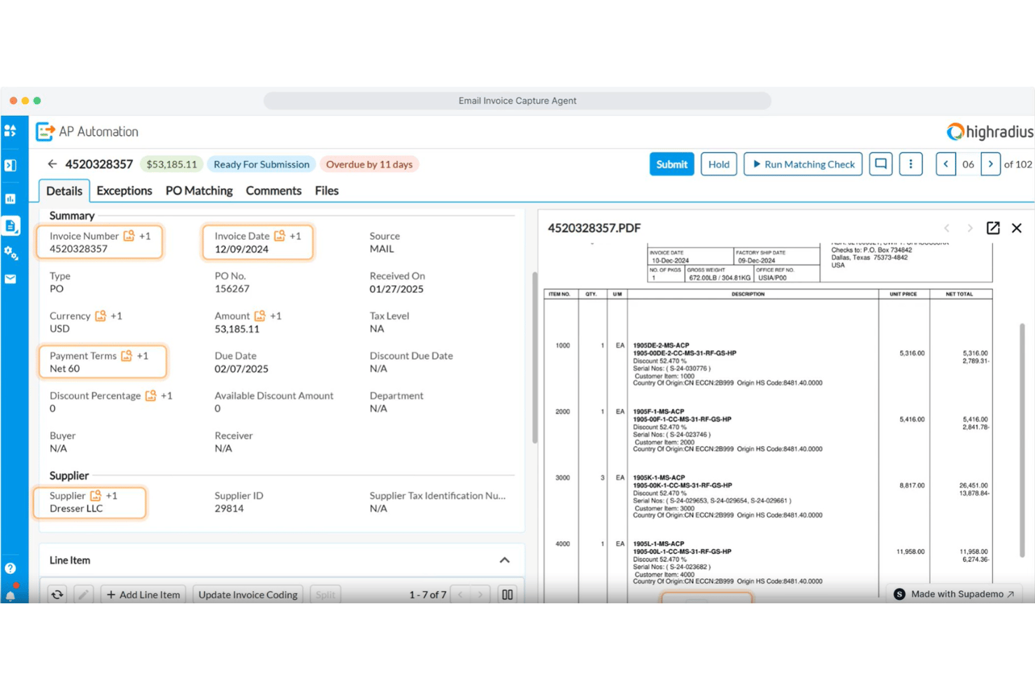 HighRadius AP Automation dashboard showing invoice details and PDF preview.