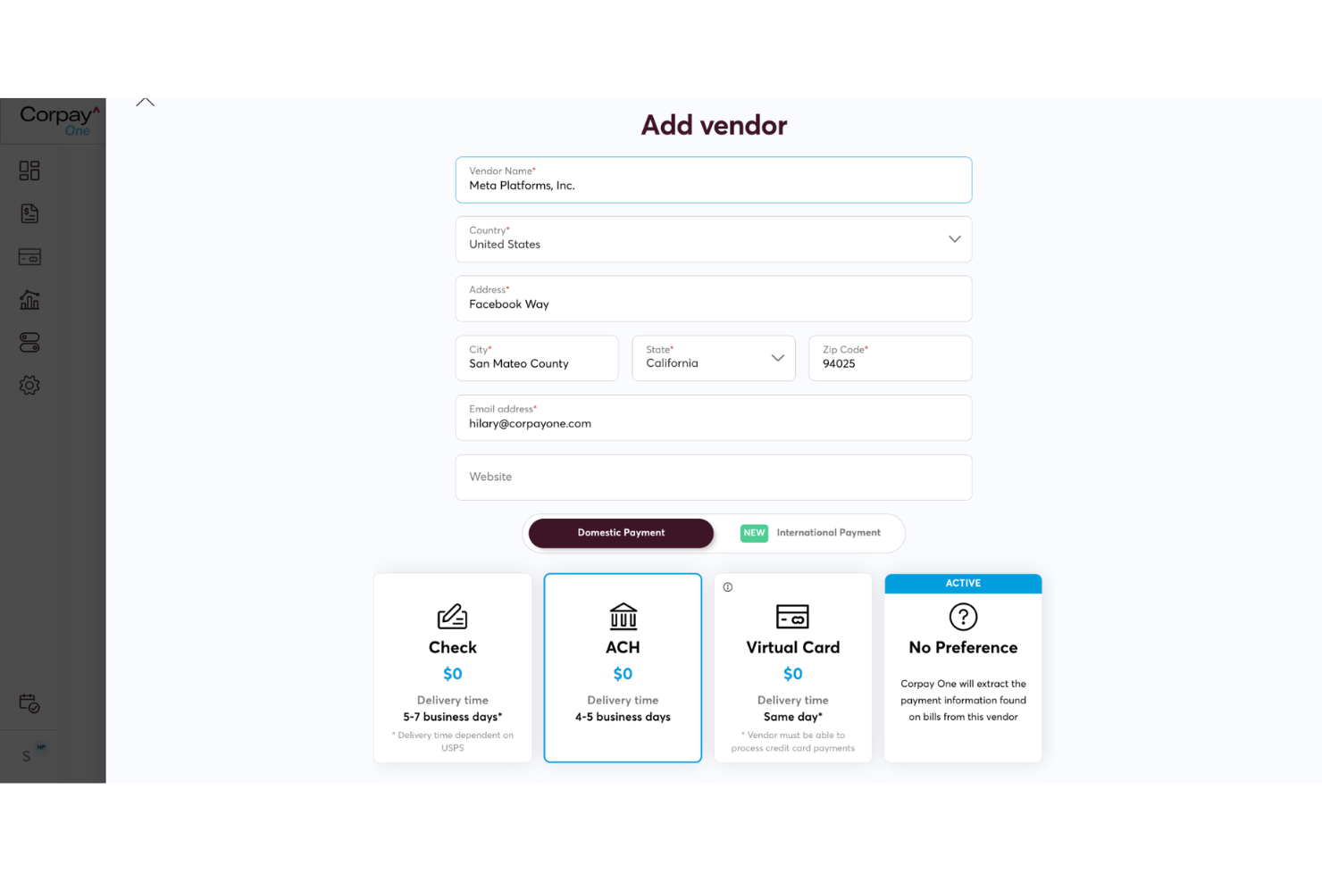 Corpay add vendor form with payment options: Check, ACH, Virtual Card.