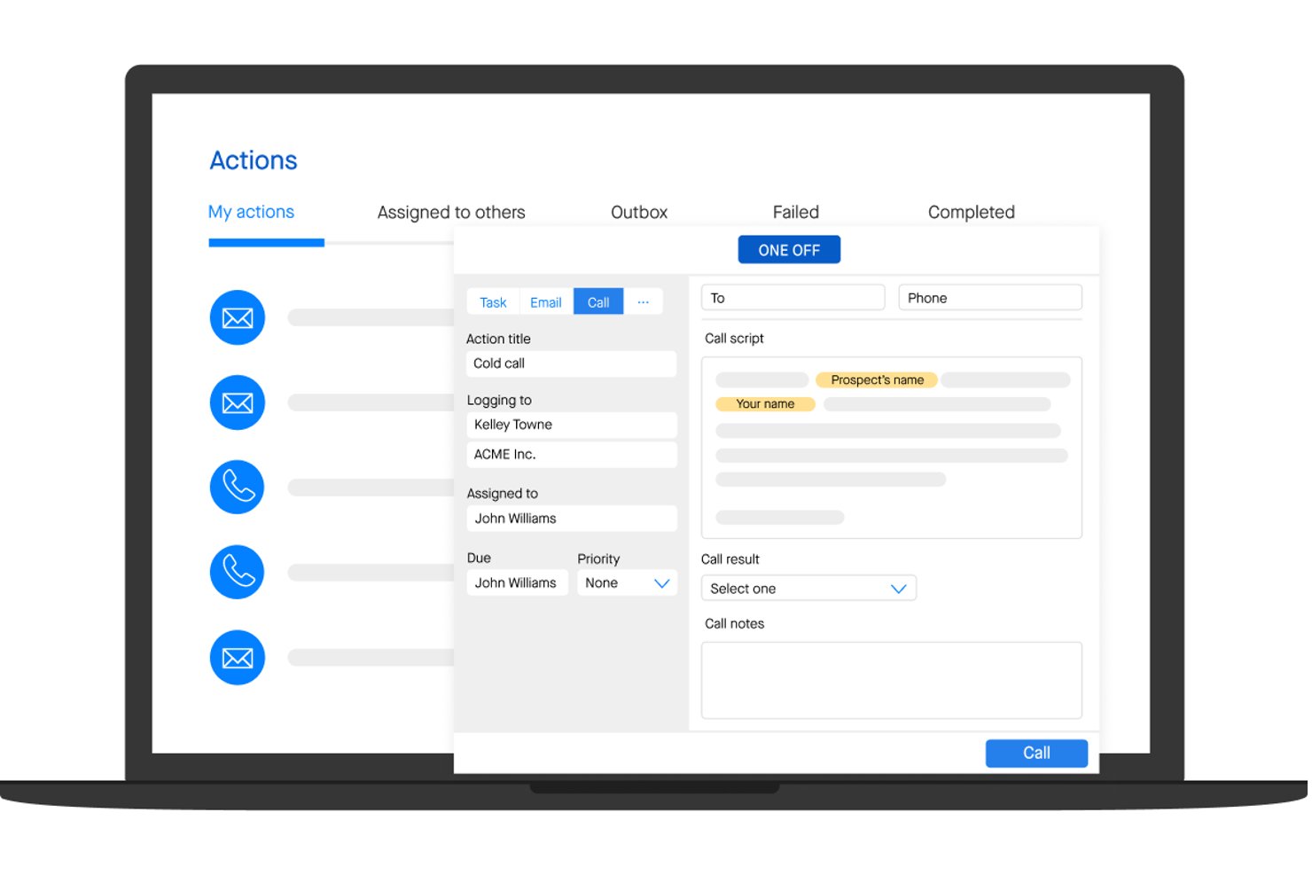 Het deelvenster Groove Actions met een formulier voor een koud verkoopgesprek met script, velden en belknop.