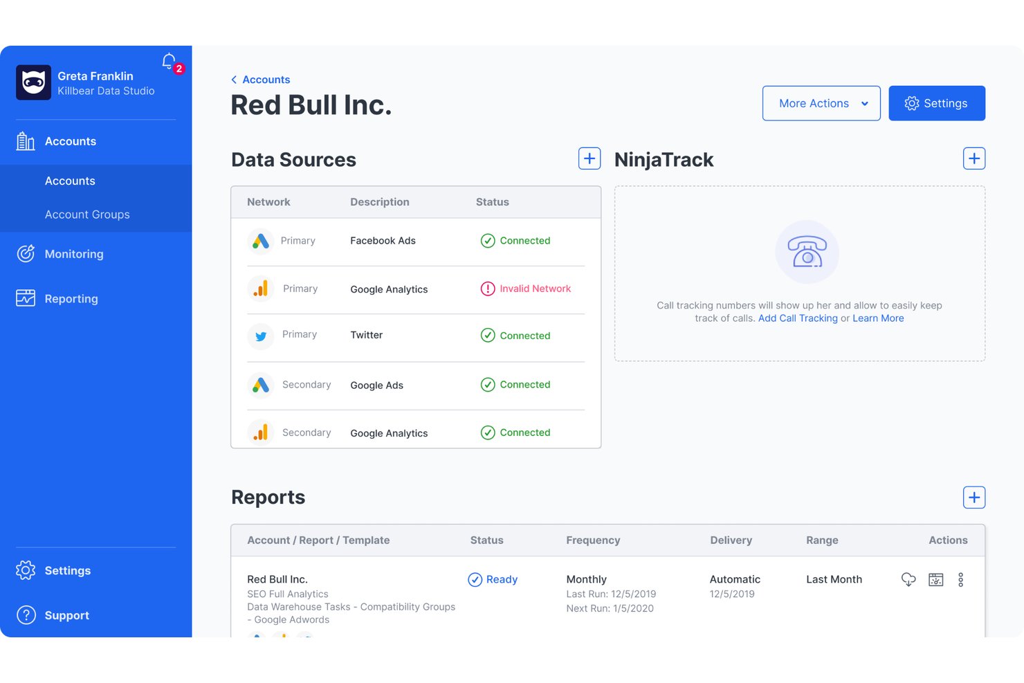 Dashboard di NinjaCat che mostra le fonti di dati, lo stato delle connessioni e i report di un account.