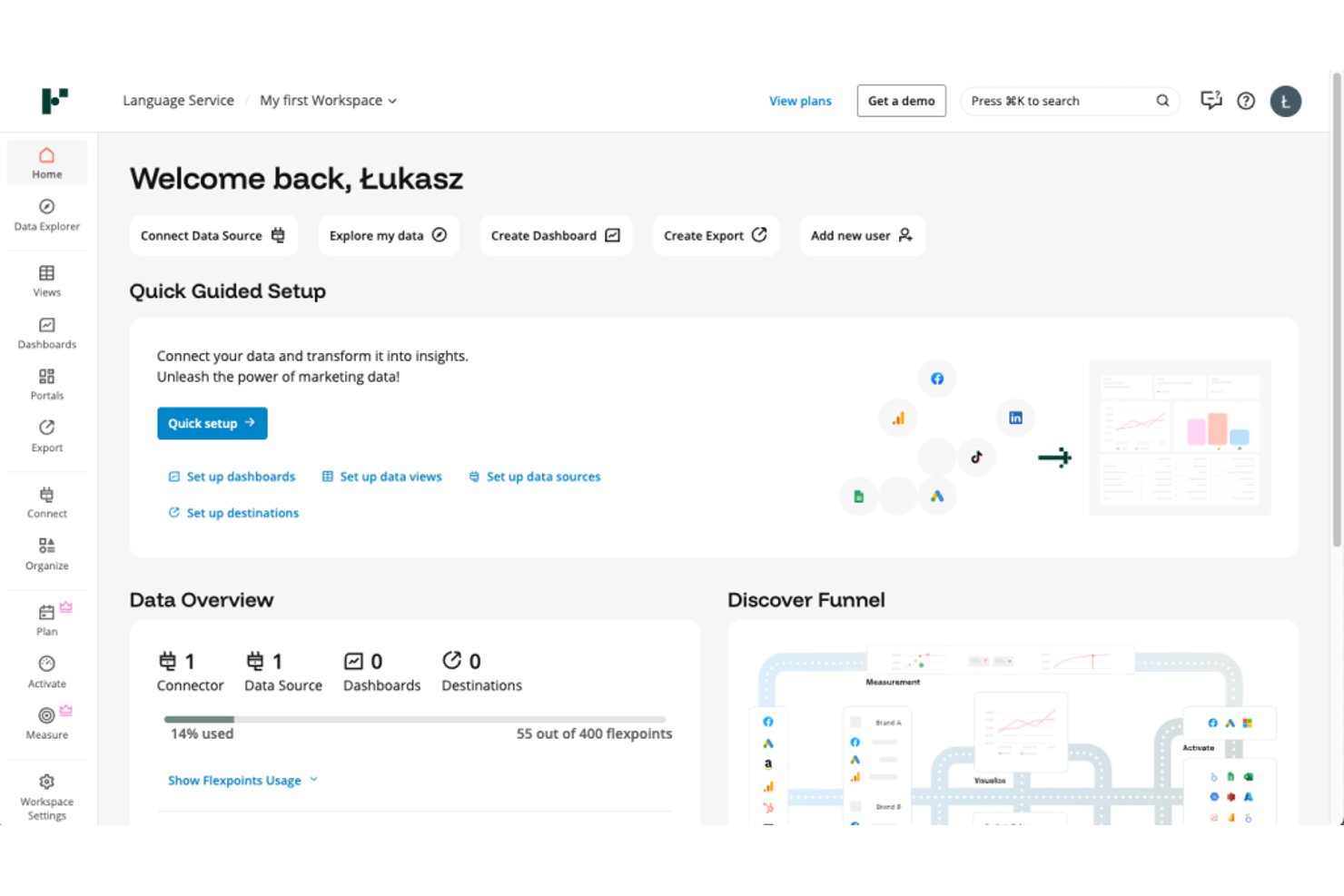 Coupler.io dashboard home screen showing data overview and quick setup options.