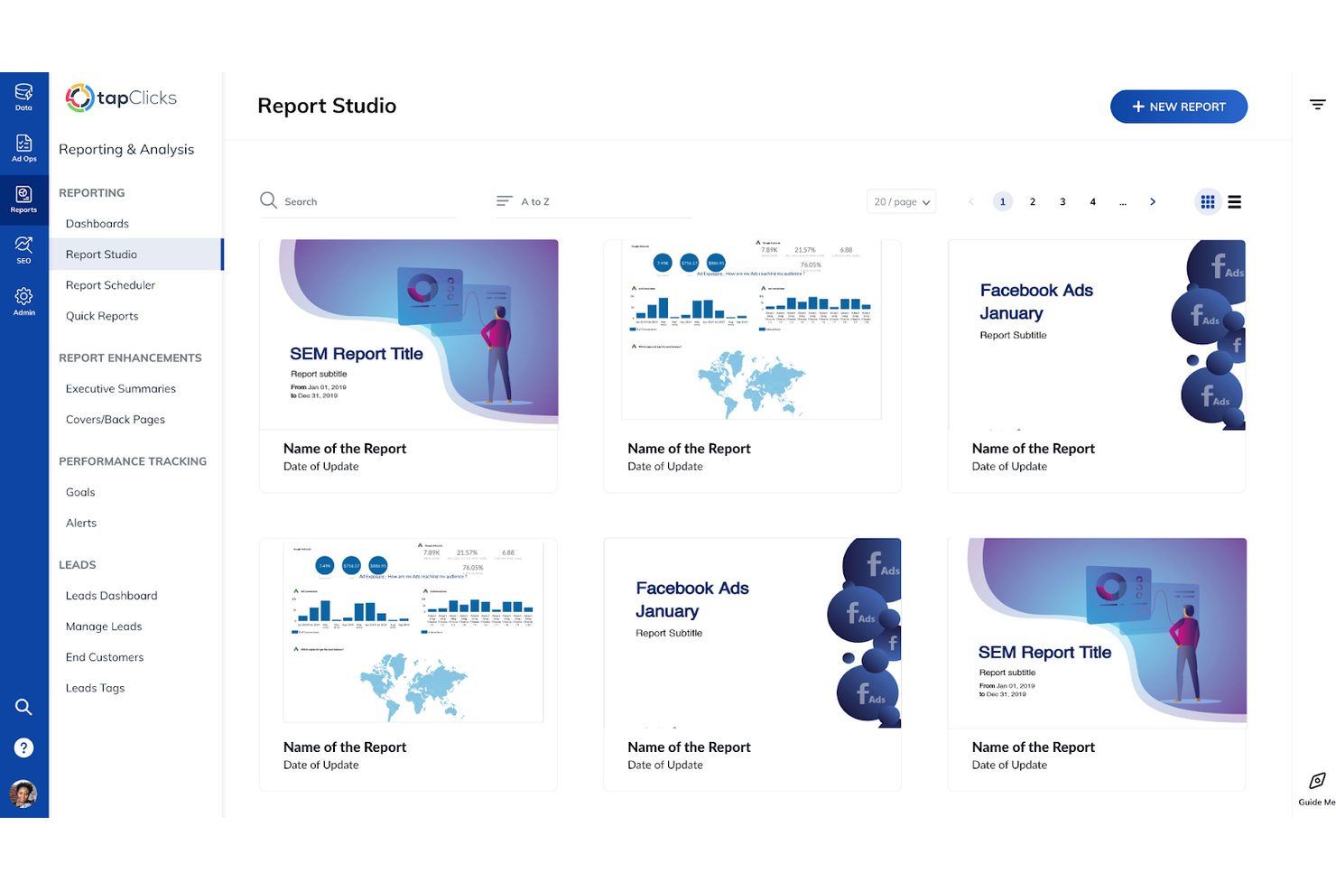 TapClicks Report Studio grid view showing six saved report thumbnails with titles.