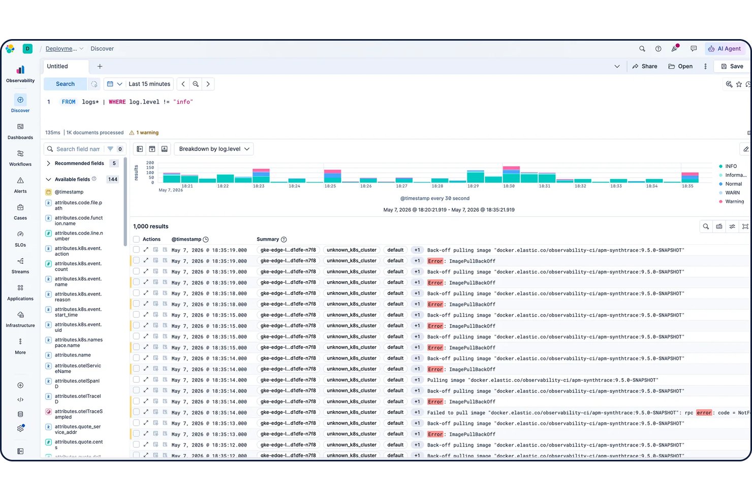 Kibana Discover view showing logs filtered by level with error and warn entries.