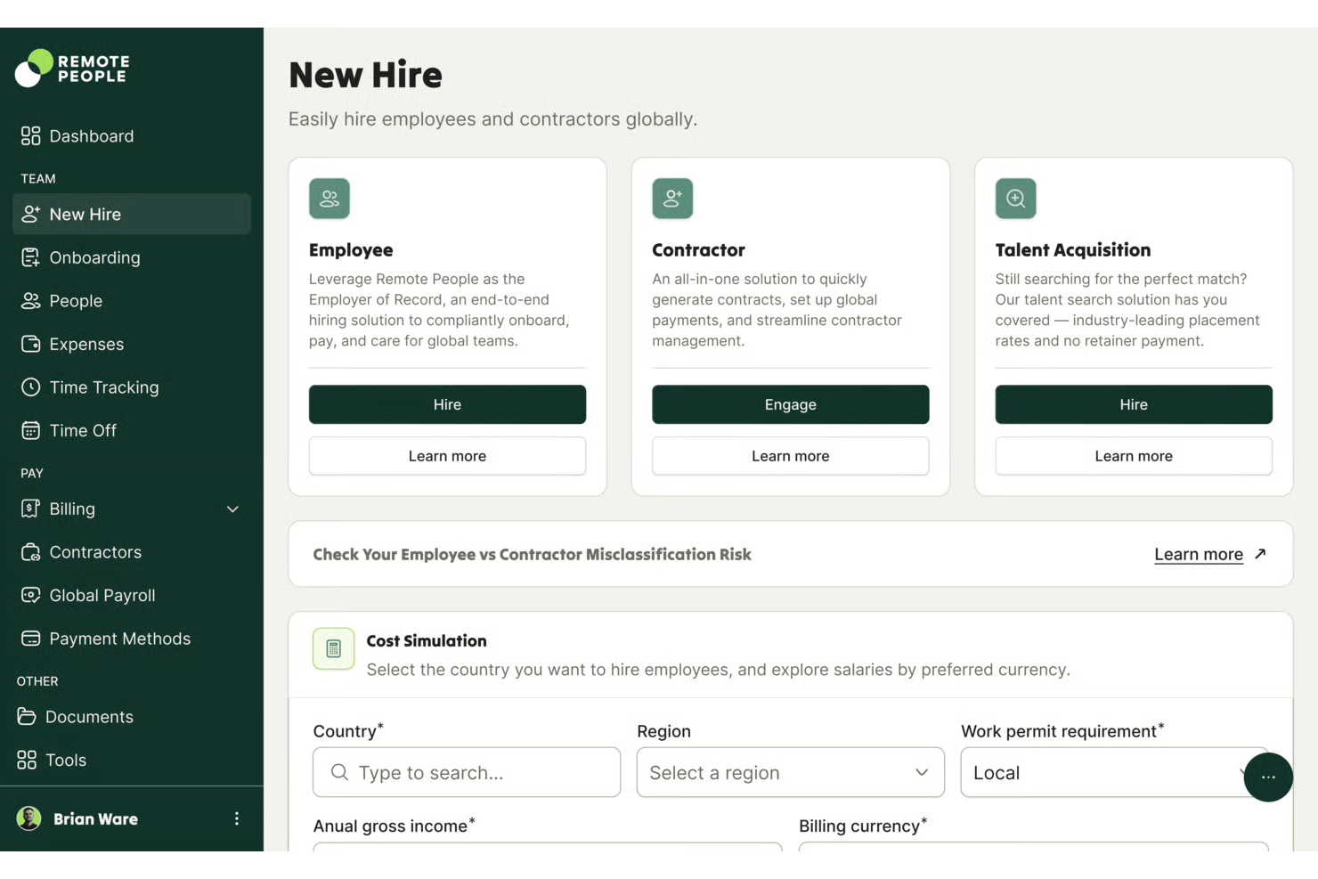 Panel de nuevas contrataciones de RemotePeople que muestra opciones de Empleado, Contratista y Adquisición de talento.