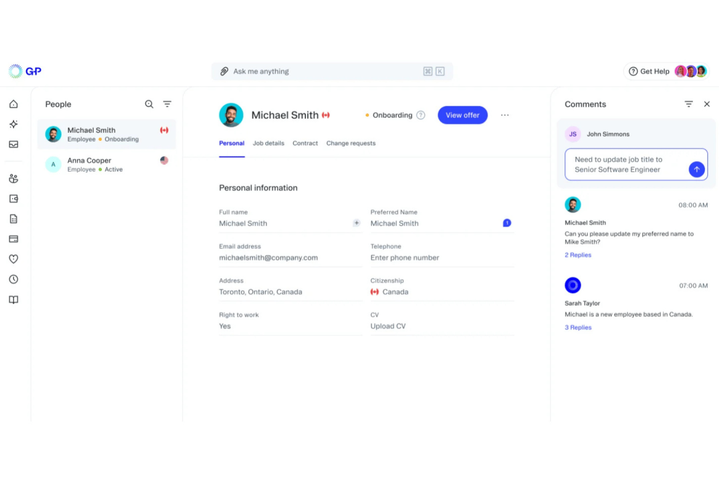 Profil d’intégration d’un employé avec ses informations personnelles et un panneau de commentaires ouvert.