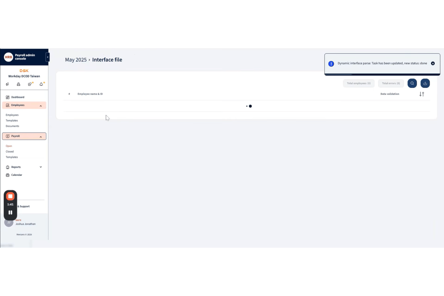 Consola de administración de nóminas que muestra la página de archivos de interfaz con una tabla de validación de datos de empleados.