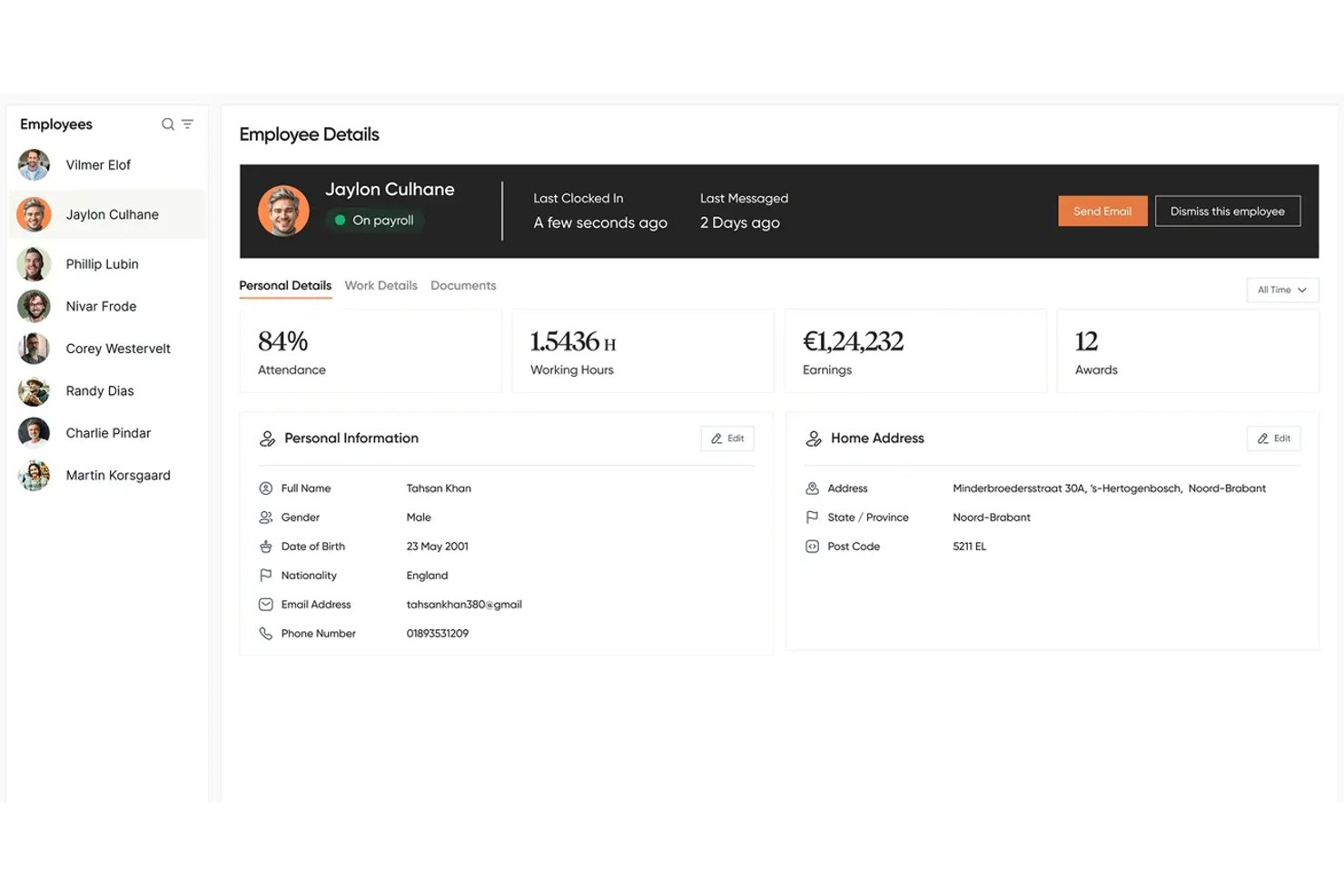 HR dashboard showing employee details, payroll status, attendance, earnings, and personal info.