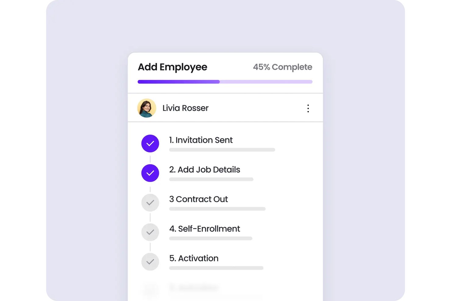 Add Employee panel showing 45% complete with 5 onboarding steps for Livia Rosser.
