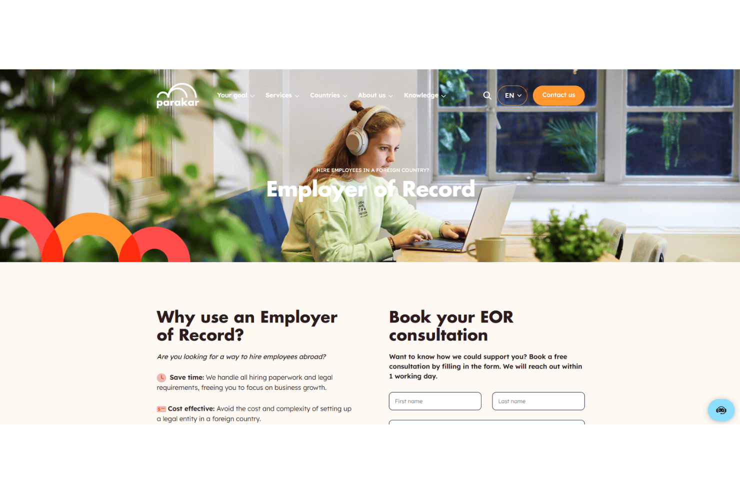 Parakar website showing Employer of Record service page with consultation booking form.