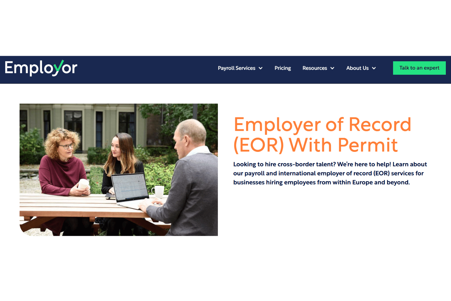 Employor website showing Employer of Record EOR With Permit service page.