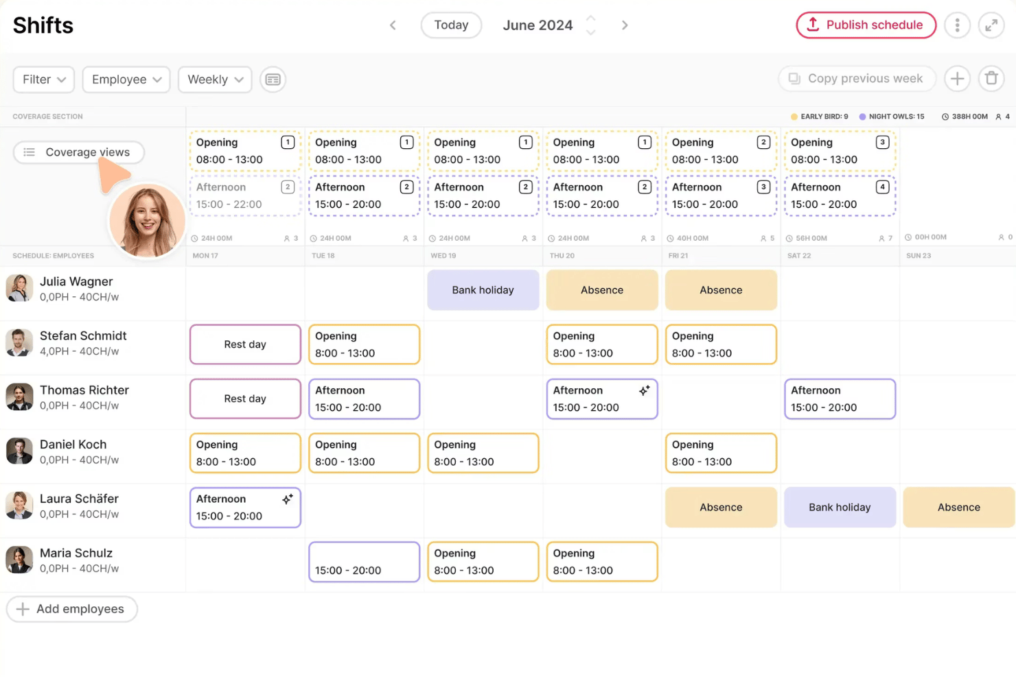 Interface voor wekelijkse ploegplanning met medewerkersdiensten voor juni 2024.