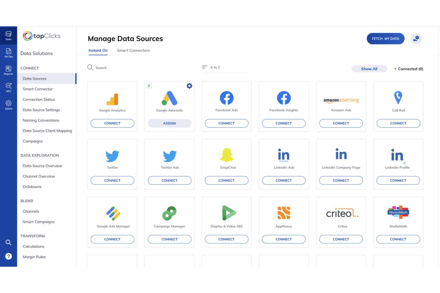 TapClicks Manage Data Sources page showing platform integration options with connect buttons.