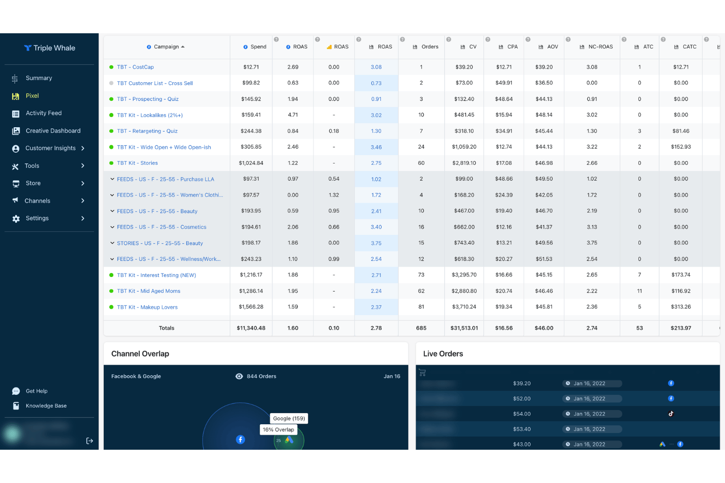 Triple Whale dashboard showing ad campaign spend, ROAS, orders, and channel overlap data.